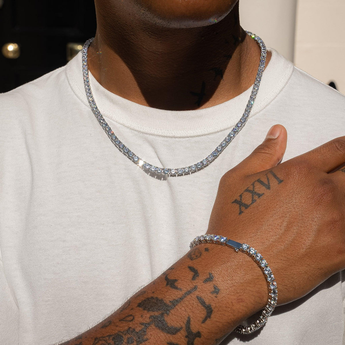 PACK CHAÎNE + BRACELET TENNIS - 8MM OR BLANC